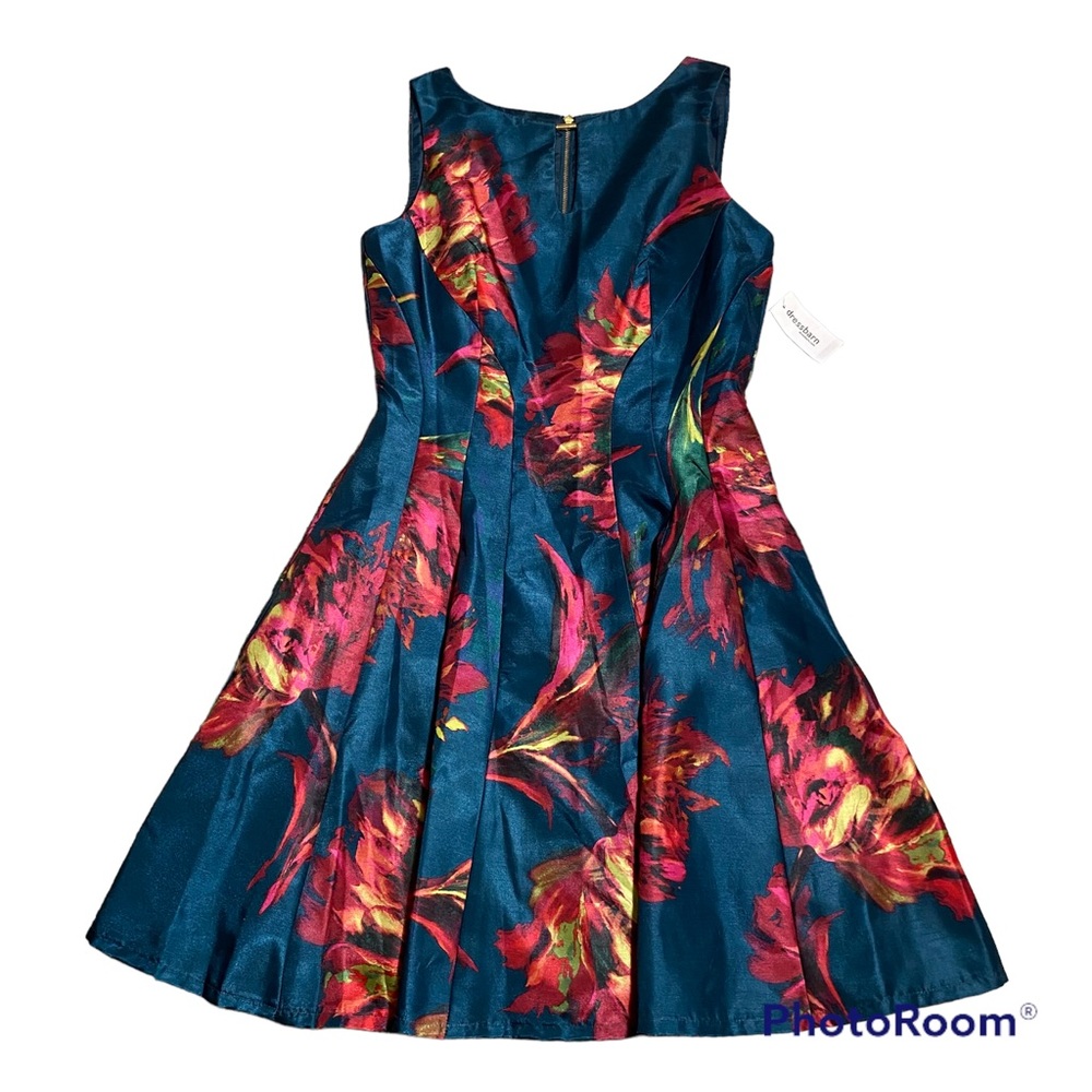 NWT New Dressbarn Emerald Floral Cocktail Skater Dress Size 4 Keyhole Sleeveless - Picture 2 of 11